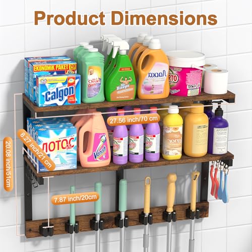 Housolution 2 Tier Broom Holder Wall Mount with Cleaning Supplies Organizer, 100 LBS High Load-Bearing Laundry Room Storage Shelves, Multifunctional Mop Hanger Rack with 7 Grippers & 8 Hooks - size: 7 Grippers with 2 Tier Shelf