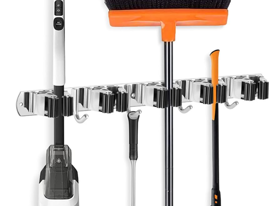 COVRA Stainless Steel Mop and Broom Holder, Wall-Mounted Organizer with 5 Slots and 4 Hooks, Heavy Duty Tool Rack for Home, Kitchen, Laundry, Garage