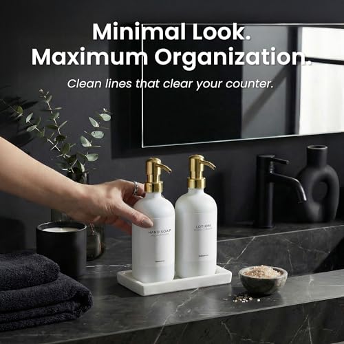 MaisoNovo Soap and Lotion Dispenser Set - Bathroom Soap Dispenser Set with White Soap Dispenser, Gold Pumps & Ceramic Tray - color: White Bottles/ Golden Pumps/ White Ceramic Tray