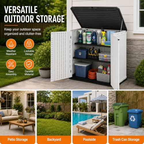 ADDOK 26 Cu.Ft Outdoor Storage Shed with Floor,Large Waterproof Resin Storage Cabinet with Lift-Up Lid,Double Doors and Lockable Design for Lawn Mower,Garden Tools, Patio,Backyard and Pool Supplies - size: 26 Cu.Ft-White