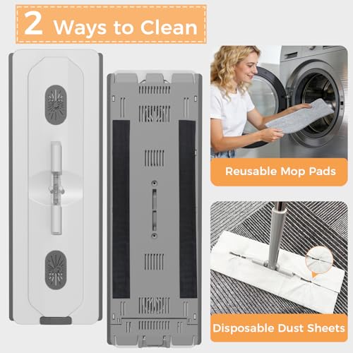 Flat Mop and Bucket Set with Wringer, Hands-Free Floor Mop System | Hands-Free Wringing, Wet & Dry Microfiber Pads, Wall & Floor Cleaning, Detachable Stackable Bucket