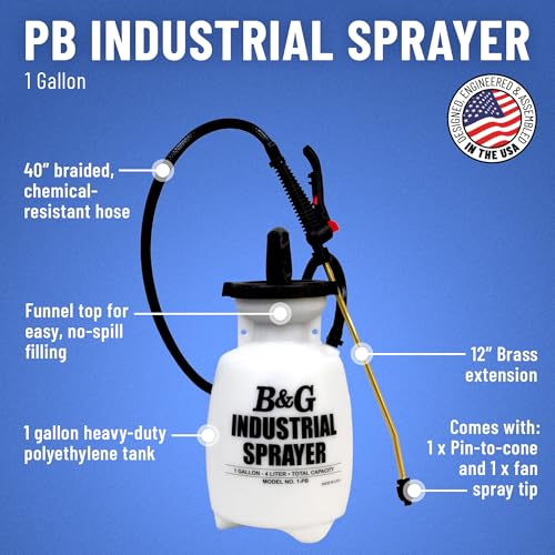 B&G PB Industrial Heavy-Duty Sprayer – 1 Gallon – Chemical Resistant Sprayer with Brass Extension & Viton Seals – Professional Janitorial & Sanitation Grade