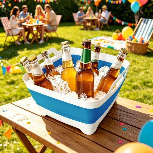 FOSJGO Collapsible Dish Basin with Drain Plug, 2.4 Gal (9L) Space-Saving Foldable Sink, Wash Basin for Kitchen, Baby Bottles, Vegetable Washing, Camping, RV and Party Beverage Tubs (Sky Blue) - color: Sky Blue