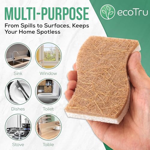 6 Pack Natural Kitchen Sponges, Compostable White Cellulose & Organic Coconut Scrubber Sponge for Washing Dishes, Kind Eco Friendly Non Toxic & Biodegradable Dishwashing Sponges