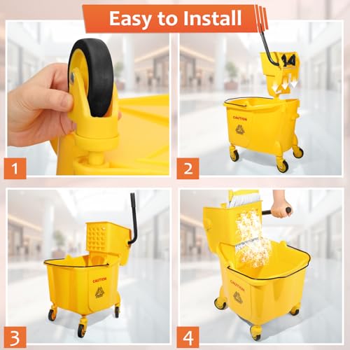 35 Qt Commercial Mop Bucket with Side Press Wringer on Wheels Set | Including 35 Quart Industrial Mop Bucket |1 Commercial Mop |1 Wet Floor Caution Sign | Yellow