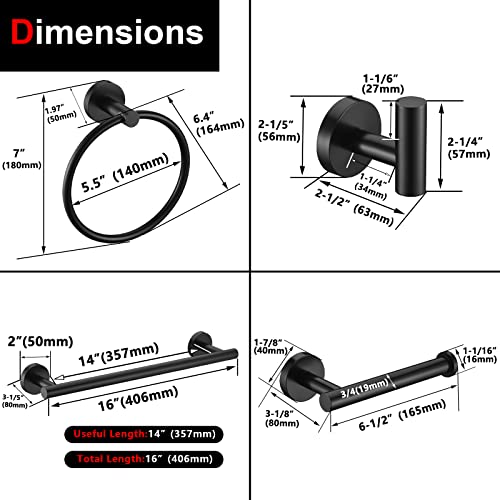 5 Pieces Matte Black Bathroom Hardware Accessories Set Hand Towel Ring 16 inch Towel Bar Toilet Paper Holder Towel Hooks 2 Pieces Round SUS 304 Stainless Steel Heavy Duty Wall Mounted Bathroom Holder - color: Matte Black, size: 5 piece 16"
