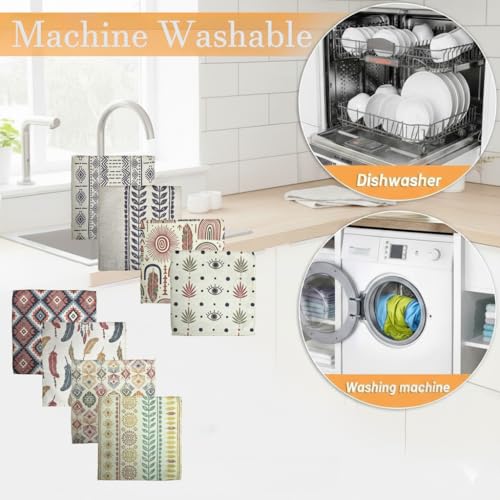 8-Pack Ultra-Fine Microfiber Kitchen Towels, 7-Inch Square with 8 Clips & Multiple Patterns – Soft, Absorbent, Reusable Cleaning Cloths (Bohemian Style) - color: Bohemian Style