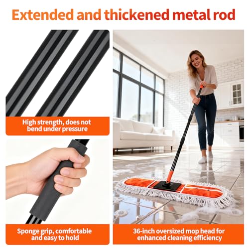 36" Large Commercial Dust Mops for Industrial Floor ,Marble, Laminate,Tile,Concrete,Garage. Janitor Broom Wide Dry mop for Hardwood ,Heavy Duty Long Handle Hotel Gym Household Cleaning Supplies