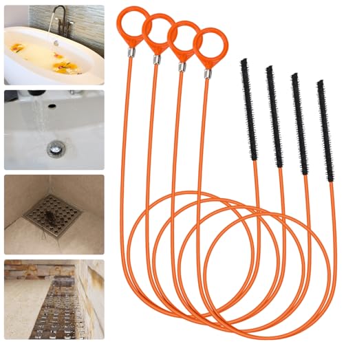 50 Inch Anti-break Metal Drain Snake, Hair Clog Remover, Drain Cleaner Tool with Nylon Coating Sink Snake, Clog Remover for Shower, Bathroom Sink Tub (4 Pack) - color: Orange-N-50IN