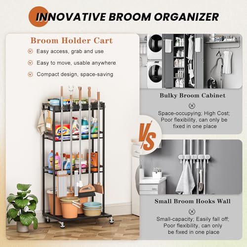 Olakee Taller Broom Holder with Cleaning Supplies Organizer, Broom Closet Storage Cabinet with Mop Hanger Gripper Rack Hooks, Housekeeping Janitorial Cart with Cleaning Caddy, Garage Home Improvement - size: Elevated