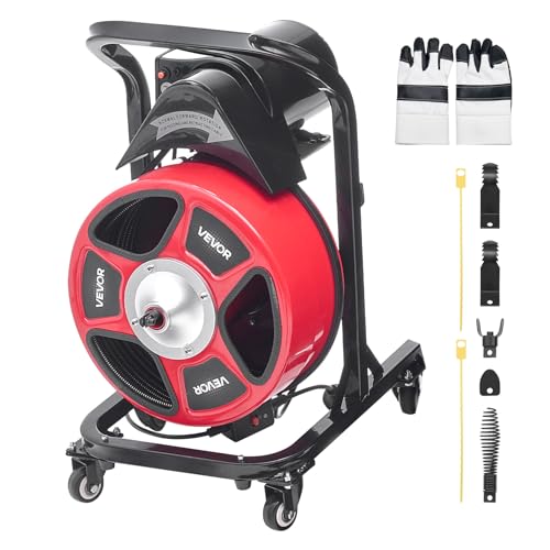 VEVOR Drain Cleaner Machine 50 FT x 1/2 Inch, Manual Feed Sewer Snake Auger on Wheels - with 4 Cutters & Air-activated Foot Switch for 2" to 6" Pipes - style: 50 FT x 1/2'' Manual Feed
