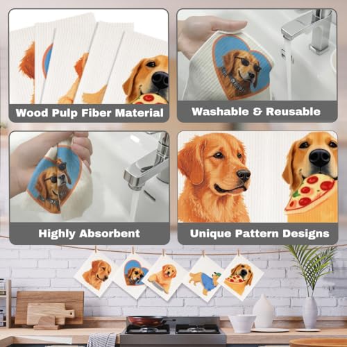 5 Pcs Cute Golden Retriever Swedish Dishcloths, Puppy Themed Swedish Dishcloth, Artistic Dish Cloths for Drying Dishes, Reusable Cleaning Cloths, Housewarming Gifts for Women - color: Lm 04241