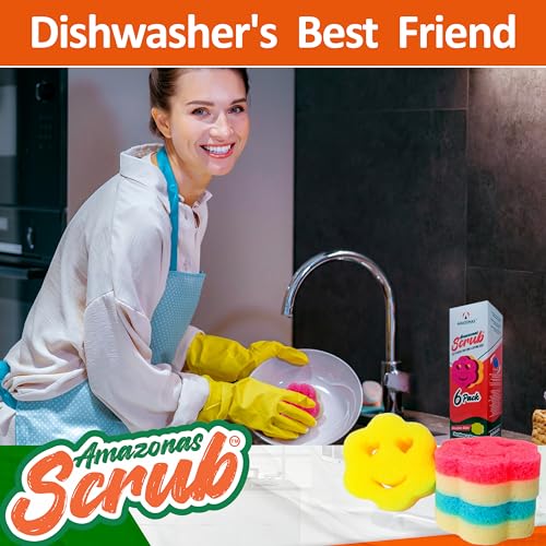 6 Double Side, Amazonas Scrub, Your New Cleaning Essential! This 6-Pack of Double-Sided Scrubber and Sponge is Designed to Simplify Your Cleaning Routine (6 Scrub sponges)