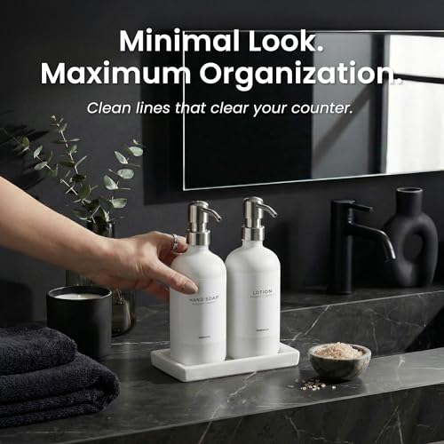 MaisoNovo Soap and Lotion Dispenser Set - Bathroom Soap Dispenser Set with White Soap Dispenser, Silver Pumps & Concrete Tray - color: White Bottles/ Silver Pumps/ White Concrete Tray