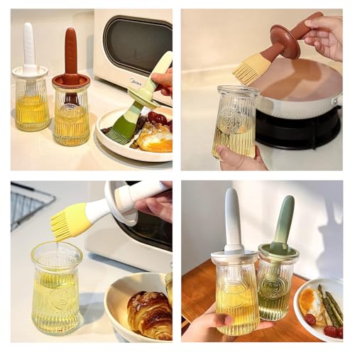 Oil Dispenser with Brush - Glass Olive Oil Dispenser for Kitchen, 3 IN 1 Oil Dispenser Bottle with Silicone Basting Brush for Cooking Vinegar Sauce BBQ Grill Frying (Green/White) - color: Green/White, style: 2 Pack
