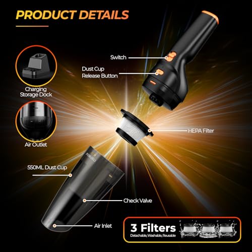 Handheld Vacuum Cordless Rechargeable,Car Vacuum Cleaner with High Power 12000PA Suction,Large-Capacity Battery, with Fast Charging Dock,Dust Busters Wet Dry for Home Car Office Pet