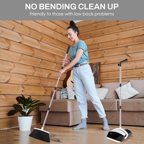 Broom and Dustpan Set for Home, 51-in Long Adjustable Handle Angle Broom and Dustpan Combo Set with Dust Pan Teeth to Clean Hair for Home Kitchen Office Lobby Floor Garden (Black&White) - color: Black White