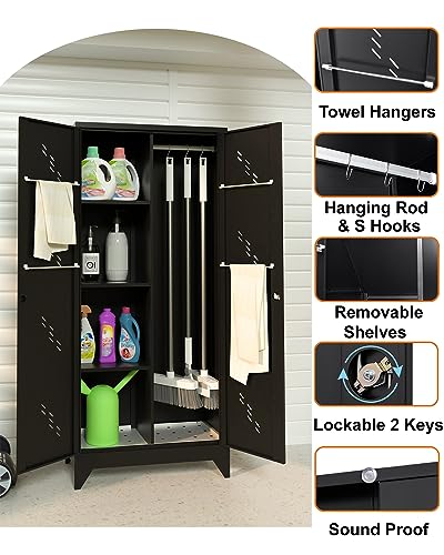 Metal Storage Cabinet with Lock, 71" Garage Storage Cabinets with Hanging Rod & S-Hooks, Large Storage Cabinet, Locking Tool Utility Closet, Black - size: 71" Garage Cabinets