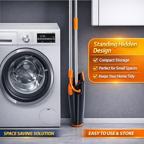 Broom and Dustpan Set with Long Handle, Upright Standing Self-Cleaning Combo, Windproof Dustpan with 6 Bonus Cleaning Tools for Pet Hair, Home, Kitchen, Garage & Apartment - color: Orange&black