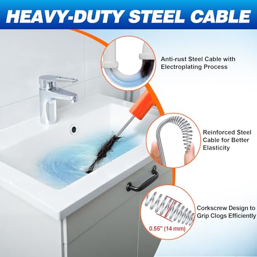 Drainsoon Auto Feed Drain Auger with Drill Adapter, 33 Feet Drain Snake Hair Clog Remover, Manual or Powered Plumbing Snake Drain Cleaner for Bathroom, Shower, Kitchen Sink, Comes with Gloves - color: Orange
