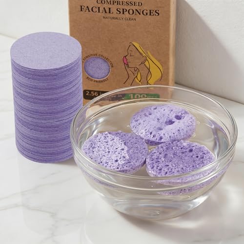 100-Count Compressed Facial Sponges for Washing face, Natural Cellulose Cosmetic Makeup Sponge for Facial Cleansing, Slight Exfoliating, Makeup Removal-(Purple Round Sponge) - color: Purple-round