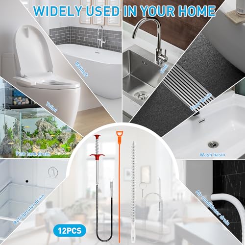 Drain Snake 12 Set: 25inch Snake Drain Hair Removal Tool(1PCS), 59inch Cleaning Brush(2PCs), 25inch Drain Clog Remover(6PCS), 18inch Sink Drain Brush(3PCS) For Bath Tub, Toilet, Kitchen Sink, Sewer