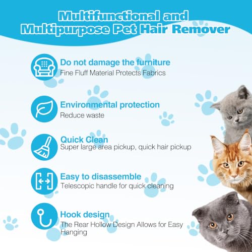 Pet Hair Remover 4 in 1, Reusable Long Handle Dog Hair Remover Brush, 24Inch Reusable Lint Brush for Dog and Cat Hair, Washable Lint Cleaner on Couches, Carpets, Car Seat, Clothes, Bedding