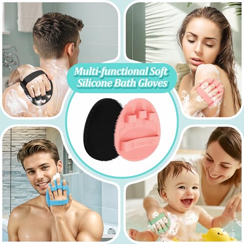 Silicone Back Scrubber & Bath Glove Set 2PCS, 13.4'' Gentle Shower Back Scrubber with Dual-Side Head Non-Slip Handle, 360° Anti-Slip Hand-fit Bath Glove for Rich Foaming Deep Cleaning(Pink) - color: Pink*2
