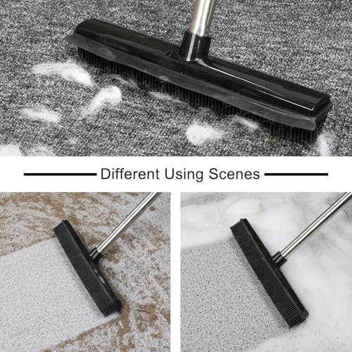 Rubber Broom and Dustpan Set,Pet Hair Removal Rubber Broom with Squeegee and Stainless Steel Dust Pan,Carpet Rake Push Broom and Dustpan for Fluff Hardwood Floor Tile (Black) - color: Black