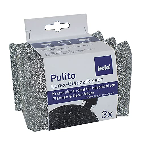 kela Sparkle sponges Pulito 3 Pieces of Polyester in Silver, 12.5 x 8 x 2.5 cm
