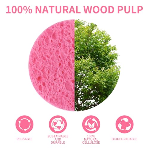 100-Count Compressed Facial Sponges, Natural Cellulose Face Sponges for Cleansing, Exfoliating, Washing face, Makeup Removal, and Spa Use - Travel Skincare Essentials for women - color: Pink