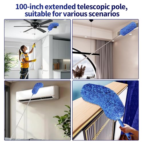 Cobweb Duster with Extension Pole, Washable Cleaning Duster Set with 2 Duster Heads, Spider Web Brush with Pole,high Ceiling Duster with Extension Pole,Cleaning Supplies,Ceiling Fan Cleaner