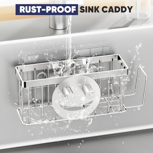 MURLONG Sponge Holder for Kitchen Sink,Sink Caddy Smiley Face,4-in-1 Sponge Holder with Suction Cups & 1 PCS Adhesive Strips for Holding Soap,Brush,Scrubber,Sponge,Stopper-Silver - color: Silver
