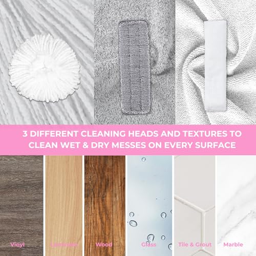 True & Tidy® Clean Everywhere Spray Mop Kit with 3 Interchangeable Heads & Refillable Tank - Flat, Round, Squeegee (Pink) - color: Pink