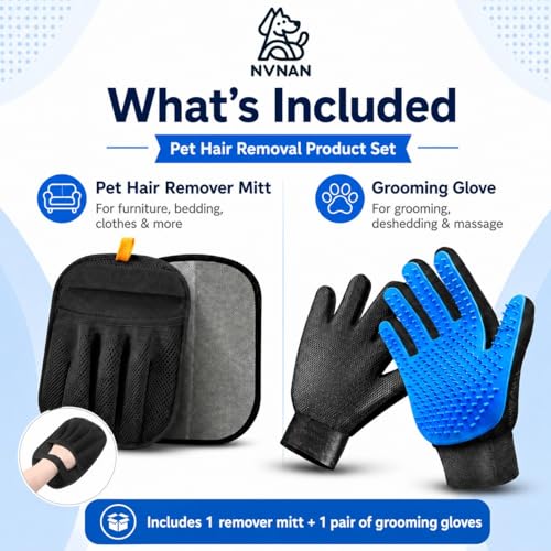 NVNAN 3 PCS Pet Hair Removal Glove and Pet Grooming Glove Kit for Cats & Dogs, Pet Hair Gloves & Dog Washing Gloves ,Reusable Magic Brush Pet Hair Remover Tool for Laundry,Carpet,Car Seat,Couch - color: Big Fabric Pet Hair Gloves+Pet Grooming Brush