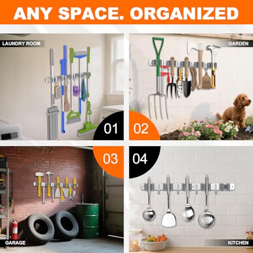Broom Holder Wall Mount, Mop and Broom Organizer Broom Hanger Storage Tool Utility Racks Stainless Steel Wall Hooks Solid Mop Rack for Home Kitchen Garden Laundry Garage (5 Racks 4 Hooks) - size: 5 Racks 4 Hooks