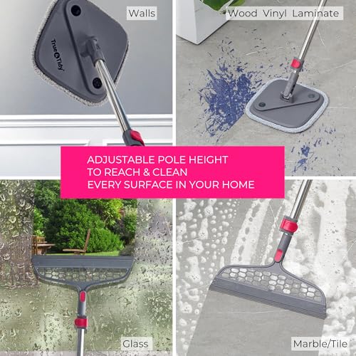 True & Tidy True Clean Spin Mop & Bucket System – Dual Compartment Design for Clean & Dirty Water, 360° Swivel Mop Head, Built-in Scrubbing Brush, Stainless Steel Handle & 2 Reusable Microfiber Pads - size: Spin Mop Deluxe