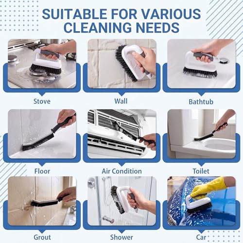 6 Pack Scrub Brushes for Cleaning Including Scrub Brush and Crevice Brush for Shower, Bathtub Scrubber with Handle Stiff Bristle Brushes for Kitchen, Sink, Carpet, Floor and Wall Surfaces