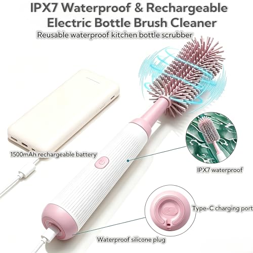 Electric Bottle Brush Set, 6-in-1 Electric Cleaning Brush with Waterproof Silicone Cleaner, 3 Replaceable Brush Heads, Straw Brush & Extension Rod, for Baby Feeding Accessories and Kitchen Utensils - color: Light Pink