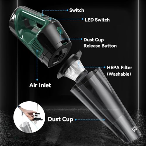 Minthouz Handheld Vacuum Cordless, Strong Suction Car Vacuum Cleaner with LED Light, Long Runtime Hand Vacuum Cordless Rechargeable, Hand Held Vac with Charging Base for Home/Car/Pet/Office