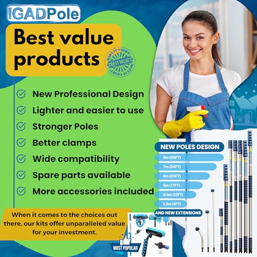IGADPole 17 FT Water-Fed Washing Kit with Soap-Dispenser, Brush, 10″ Squeegee & Cobweb Duster for Windows, Gutters, Solar Panels & Exterior Walls - size: 17 ft Pole
