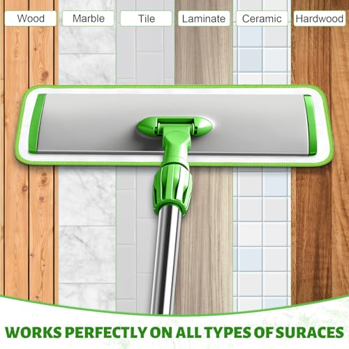 17.7" Microfiber Mop for Floor Cleaning, 59in Long Adjustable Stainless Steel Handle, 360° Rotating Large Flat Mops, 4 Washable Pads for Dry & Wet Cleaning for Hardwood, Vinyl, Laminate, Green