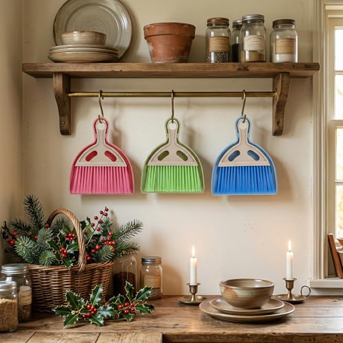12 Pack Mini Broom with Dustpan Combo Set, Small Broom and Dustpan Set for Desk, Table, Car, Keyboard, Countertop, Pet Nest - 3 Colors (Blue, Green, Pink)