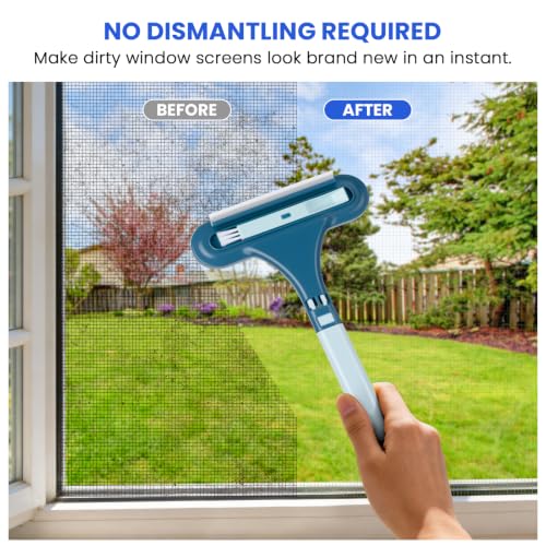 2-in-1 Screen Cleaning Brush with Squeegee - Window Mesh Cleaner & Pet Hair Remover for Couch, Multi-Use Crevice Tool for Patio and Porch Screens (Cyan Blue)