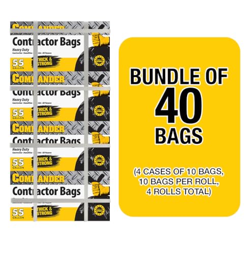 Commander 55 Gallon 3 MIL Heavy Duty Contractor Bags with Flap Ties - 36" x 52" - Pack of 40 - For Contractor, Industrial, & Outdoor
