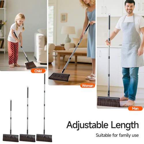 CTIME Broom and Dustpan Set, Extra Brush Head & 52" Adjustable Long Handle Standing Dustpan Set, with Dust Pan Teeth to Clean Pet Hair, Easy Sweeping Suitable for Home Kitchen Office Lobby