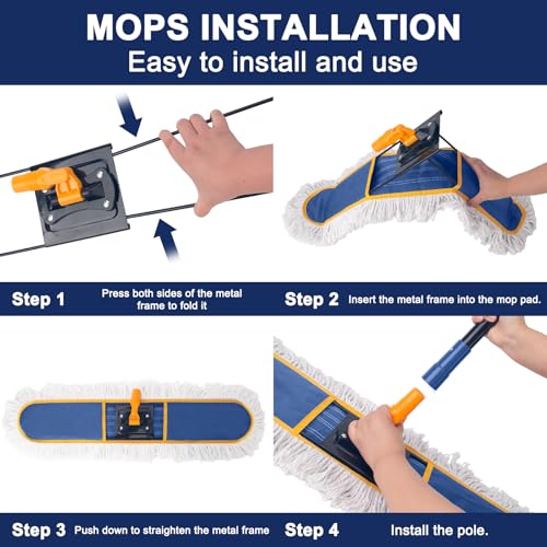 KeFanta 36" Commercial Dust Mops for Floor Cleaning,Industrial Dry Mop with Heavy Duty Long Handle,Large Cotton Reusable Mop Head,for Hardwood,Tile,Concrete,Laminate,Garage Floors(Blue) - size: 36" Commercial Dust Mop + 1 Pad
