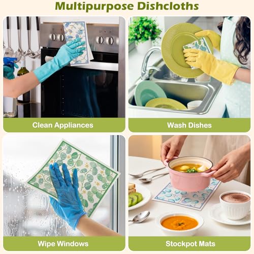 6 Packs Swedish Paper Cloths for Kitchen, Reusable Paper Towels Washable Dish Rags, Highly Absorbent Kitchen Towels Quick Drying Swedish Sponge Cleaning Dish Cloths(Eucalyptus Leaves) - color: Eucalyptus Leaves