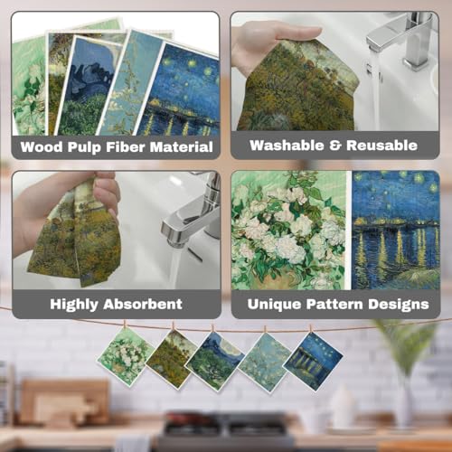 5 Pcs Oil Painting Swedish Dishcloths, Tree & Flower Swedish Dishcloth, Classic Art Dish Cloths for Drying Dishes, Reusable Cleaning Cloths, Housewarming Gifts for Women 2 - color: Lm 03423