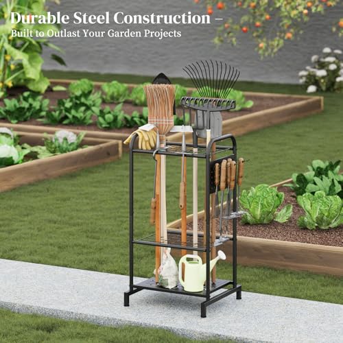 Garden Tool Organizer with Hooks Yard Tool Rack Heavy Duty Steel Yard Tool Organizer and Garden Storage Holder Broom Holder for Shed, Patio, Outdoor Indoor - style: Rack with Hooks